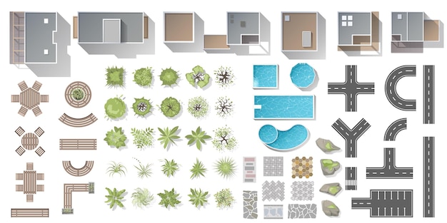 Architectural and Landscape elements top view for town village Collection of houses plants garden tree swimming pool outdoor furniture tile Kit of tables benches chairs View from above