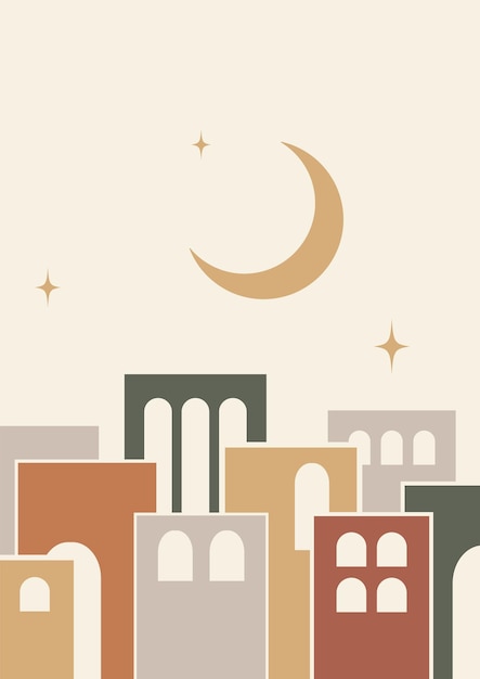 Architecture elements, city and moon poster illustration.