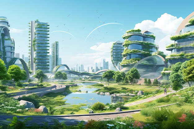 Architecture of the future a ruined city overgrown with greenery Concept art idea for inspiration