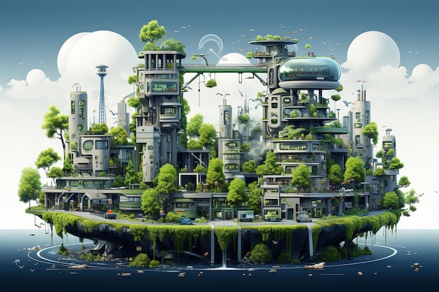 Architecture of the future a ruined city overgrown with greenery Concept art idea for inspiration