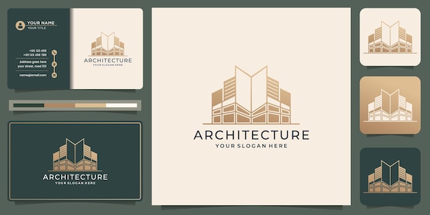 Architecture logo with business card template. Construction , builder , building ,gold color ,banner and business card , logo inspiration. Premium Vector