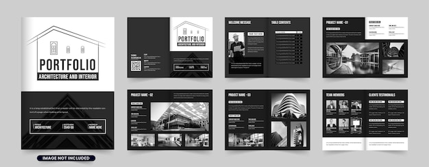 Architecture portfolio and magazine layout vector with photo placeholders Real estate business booklet design with black and white colors Architect profile and project catalog vector