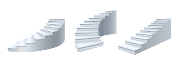 Architecture white realistic stairs. 3d simple interior staircases, modern ladder steps. Stairway isolated set. Climb career and growth concept. Vector illustration