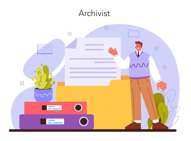 Vector archivist concept. archive administrator managing and maintaining documents and other materials in company, museum or library. information organizing. flat vector illustration