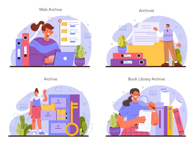 Archivist concept set. Archive administrator managing and maintaining
