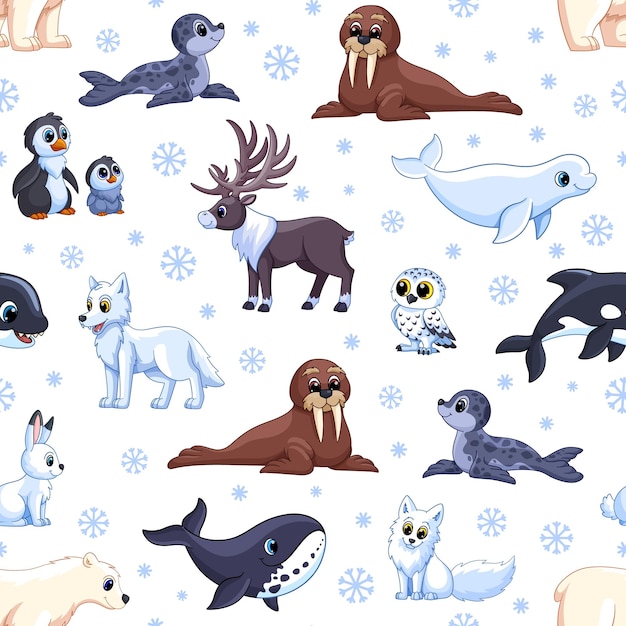 Arctic animals pattern Antarctic wildlife children north nature background Polar landscape cute nordic animal Winter garish vector seamless texture