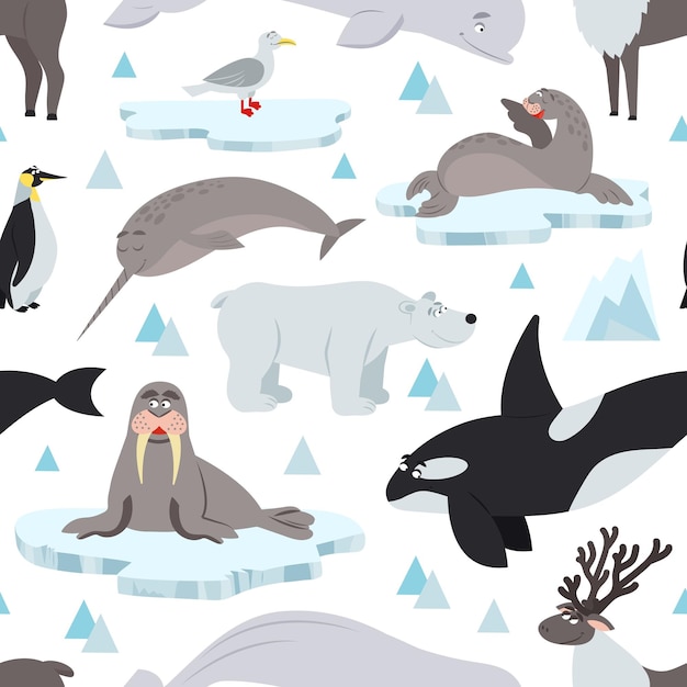 Arctic animals pattern Children animal antarctic print north polar wildlife background Nordic ocean whale seal on ice decent vector seamless texture