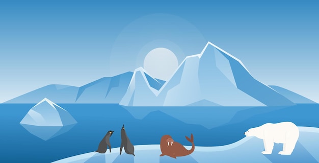 Vector arctic or antarctica winter landscape with cute animals polar bear penguins and walrus