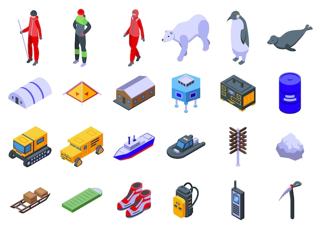 Arctic exploration icons set isometric vector Ice pole