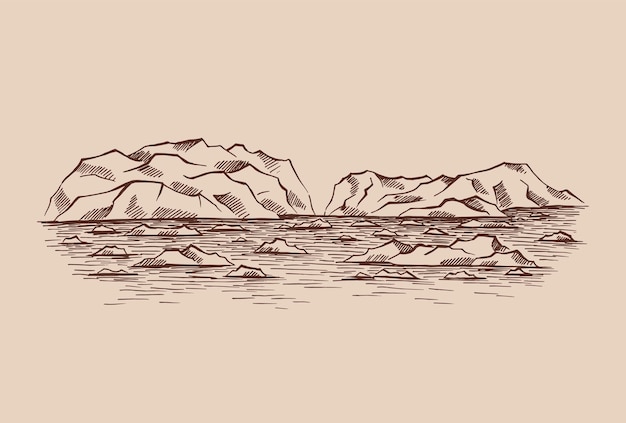 Arctic landscape Icy mounts Iceberg Hand drawn illustration converted to vector