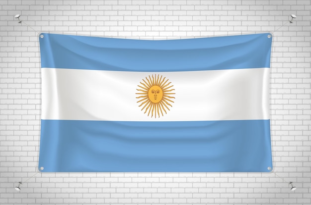 Argentina flag hanging on brick wall. 3D drawing. Flag attached to the wall. Neatly drawing in group