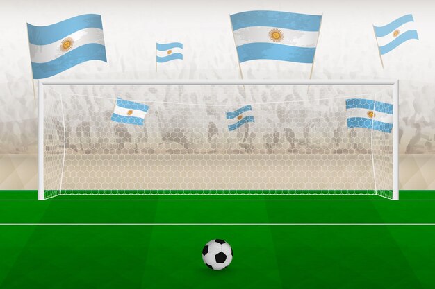 Argentina football team fans with flags of Argentina cheering on stadium penalty kick concept in a soccer match