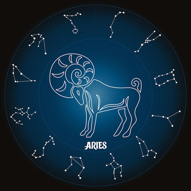 Aries zodiac sign in astrological circle with zodiac constellations, horoscope. Blue and white