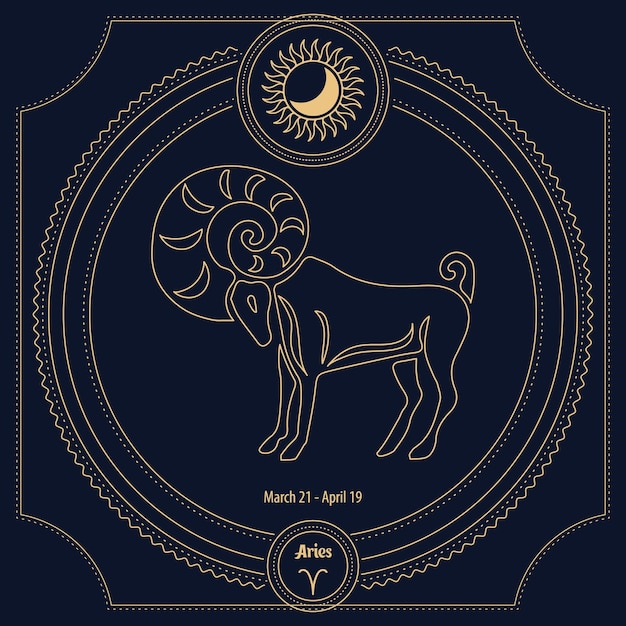 Vector aries zodiac sign, astrological sign of the horoscope in an ornamental mystical frame. golden blue