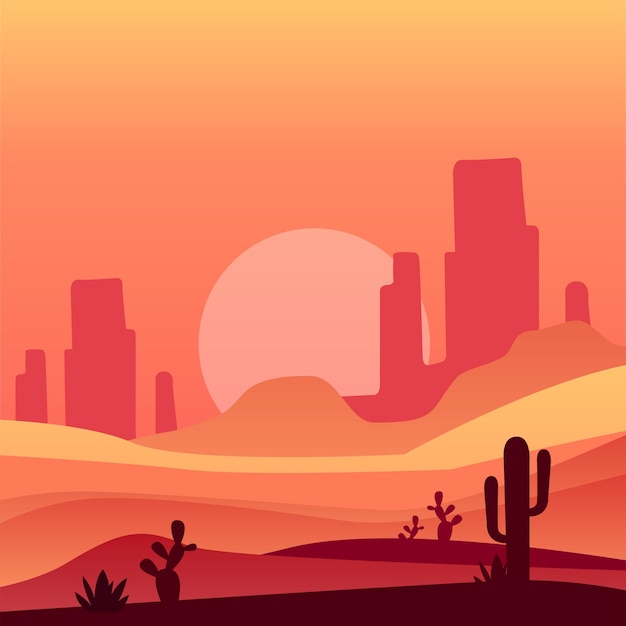 Arizona desert with silhouettes of cactus plants and rocky mountains. Natural sandy landscape. Vector illustration in gradient colors. Graphic design for poster, web-site or mobile app background.