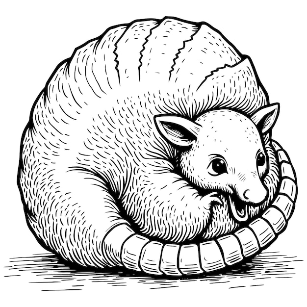 An armadillo rolling up into a ball black and white outline illustration