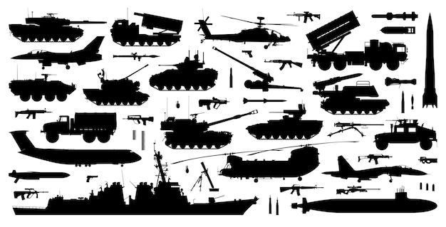 Armed forces silhouette set Collection of various realistic military vehicles and firearms Vector illustration