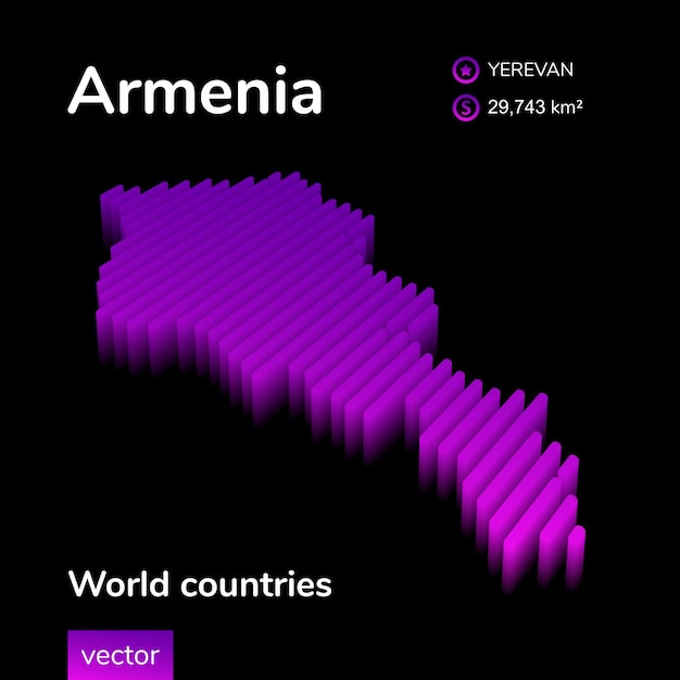 Armenia 3D map Stylized neon isometric striped vector Map of Armenia is in violet colors on black background