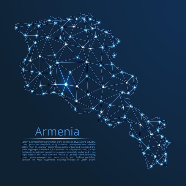 Armenia communication network map Vector low poly image of a global map with lights