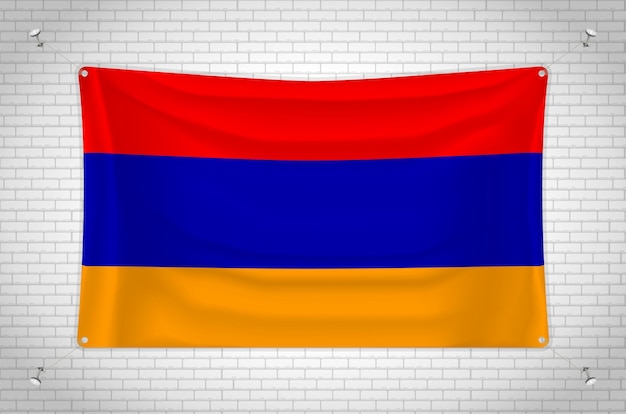 Armenia flag hanging on brick wall. 3D drawing. Flag attached to the wall. Neatly drawing in groups