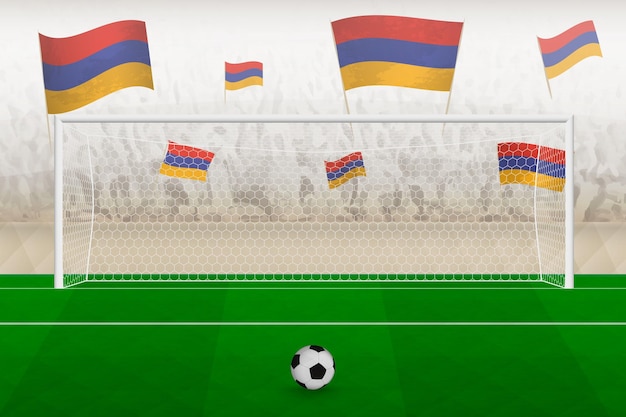 Armenia football team fans with flags of Armenia cheering on stadium penalty kick concept in a soccer match