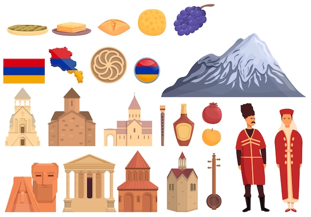 Armenia icons set cartoon vector. Tourism architecture. National city