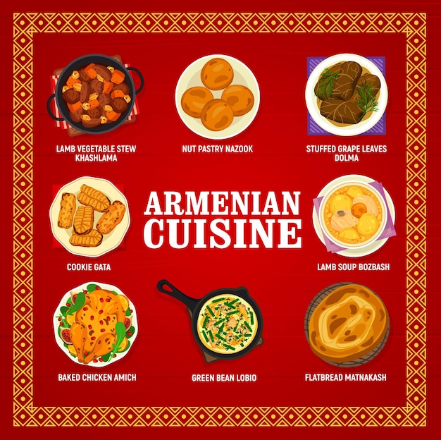 Armenian cuisine menu template Lamb vegetable stew Khashlama pastry Nazook and stuffed grape leaves Dolma cookie Gata green bean Lobio and soup Bozbash baked chicken Amich flatbread Matnakash