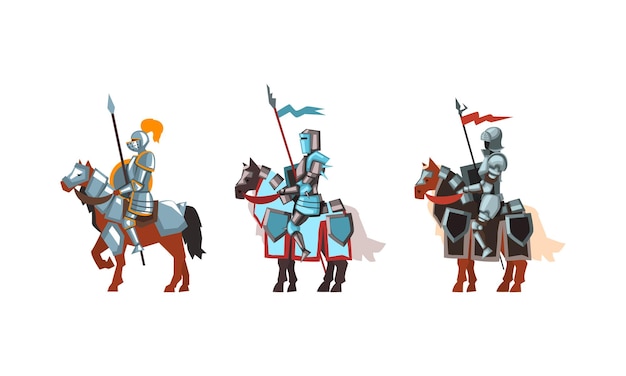 Vector armored medieval knight or cavalryman sitting on horseback holding lance vector set