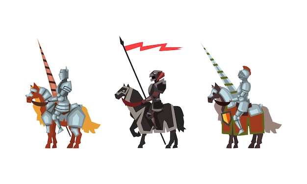 Vector armored medieval knight or cavalryman sitting on horseback holding lance vector set