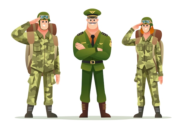 Army captain with man and woman soldiers carrying backpack character set