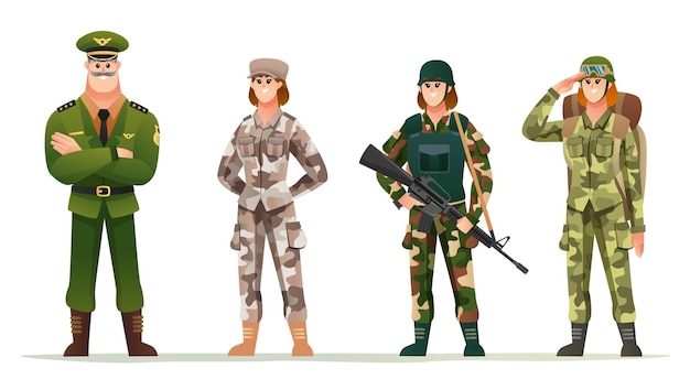 Army captain with woman soldiers in various camouflage uniforms character set