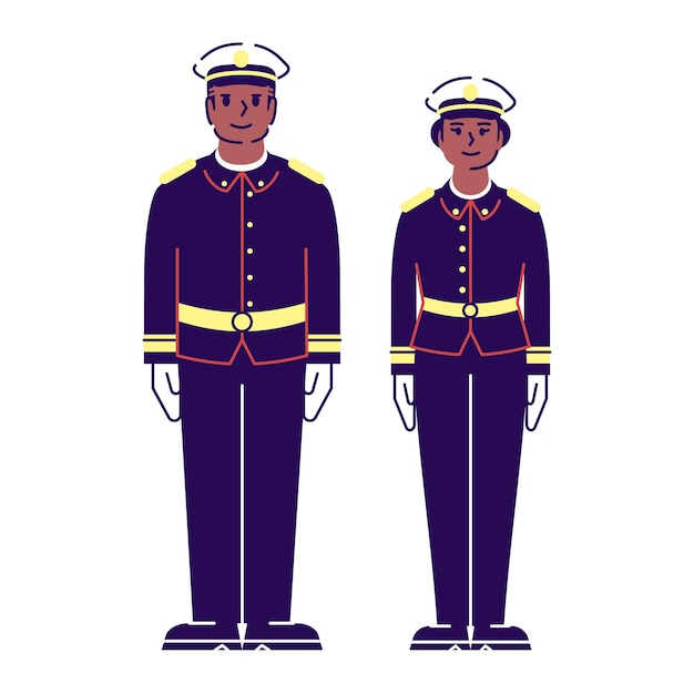 Vector army service workers flat vector characters. us soldiers standing at attention in festive uniform cartoon illustration with outline. african american officers, military woman and man isolated on white