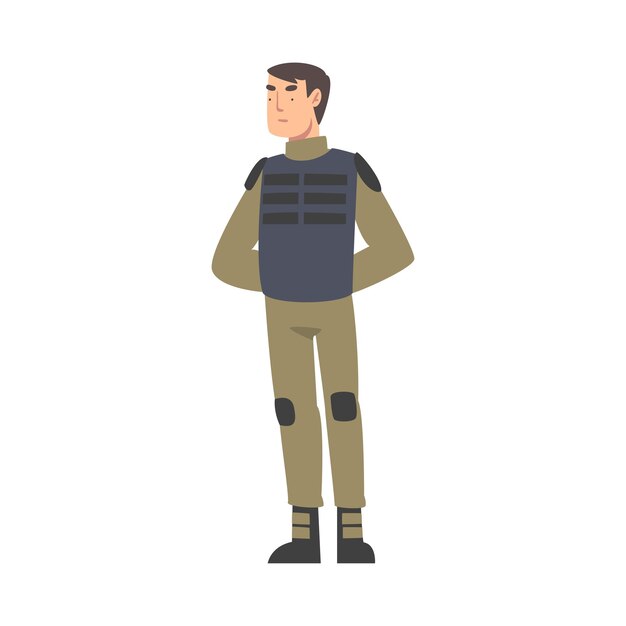 Vector army soldier military man character in knaki uniform and bulletproof vest cartoon style vector illustration