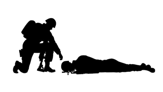 Vector army soldier in sorrow for fallen comrade silhouette of soldier kneeling at military war memorial