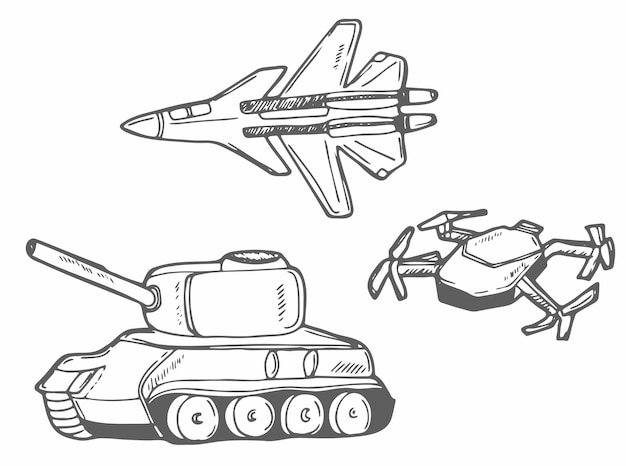 Army weapon elements Tank fighter jet and army drone