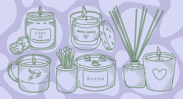 Aroma candle outline set. Various jar candle sketch vector illustration.