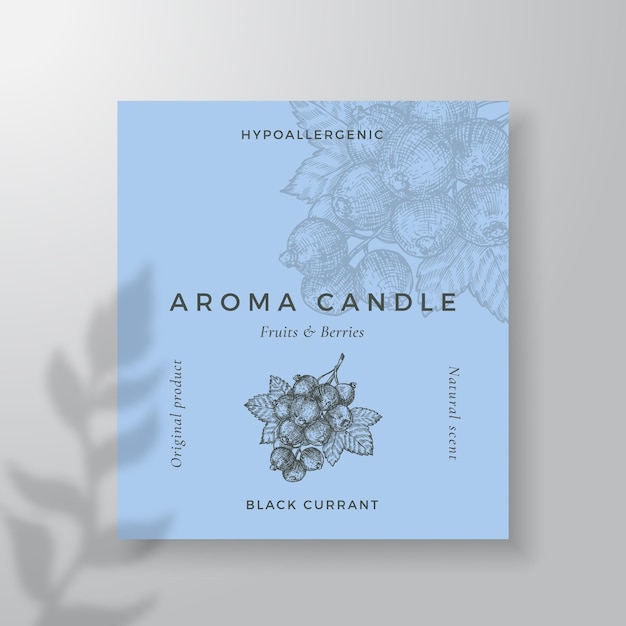 Aroma candle vector label template Black Currant berry scent from local purveyors advert design Ink style sketch background layout decor Natural smell product package text space