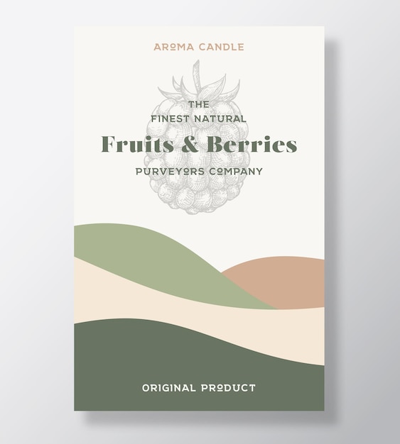 Aroma candle vector label template Fruits and berries scent from local purveyors advert design Blackberry sketch background layout with abstract waves decor Natural smell product package text space