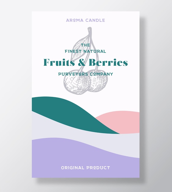 Aroma candle vector label template Fruits and berries scent from local purveyors advert design Cherry sketch background layout with abstract waves decor Natural smell product package text space