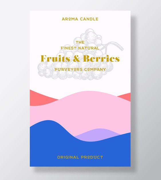 Aroma candle vector label template Fruits and berries scent from local purveyors advert design Ink grapes sketch background layout with abstract waves decor Natural smell product package text space