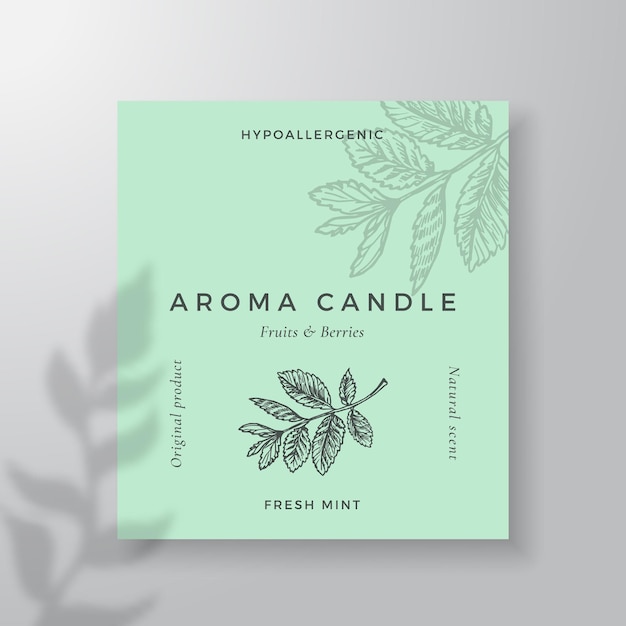 Aroma candle vector label template Mint leaves scent from local purveyors advert design Ink style sketch background layout decor Natural smell product package text space