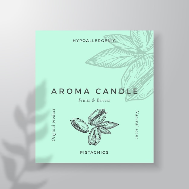 Aroma candle vector label template Pistachio nuts scent from local purveyors advert design Ink style sketch background layout decor Natural smell product package text space