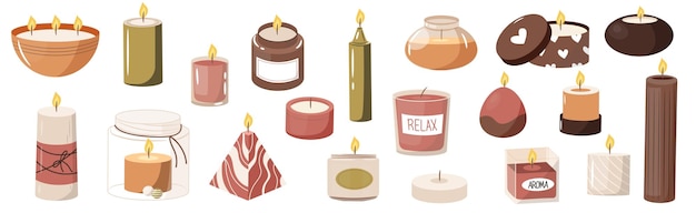 Aroma candles Cartoon scented wax light candle with wax and fragrance spa therapy decoration different shapes Vector isolated set