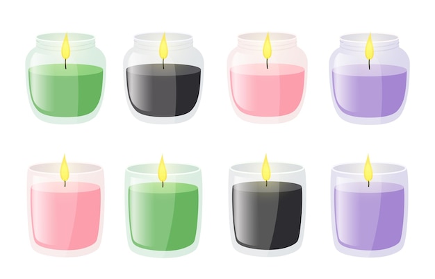 Aroma candles with flames in glass jar Burning wax paraffin candles for aromatherapy festive decoration element