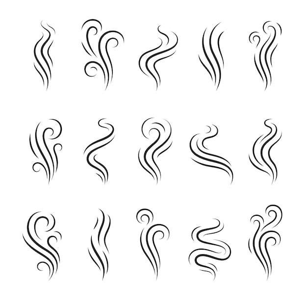 Aroma and smoke line stream Warm steam isolated heat symbols Stink icons lines vapour cigarette or food hot drinks smells tidy vector collection