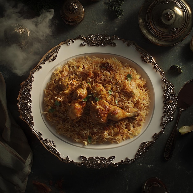 Vector aromatic chicken biryani a regal feast served on ornate china amidst wisps of fragrant steam