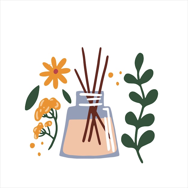 Vector aromatic diffuser sticks with leaves and flowers