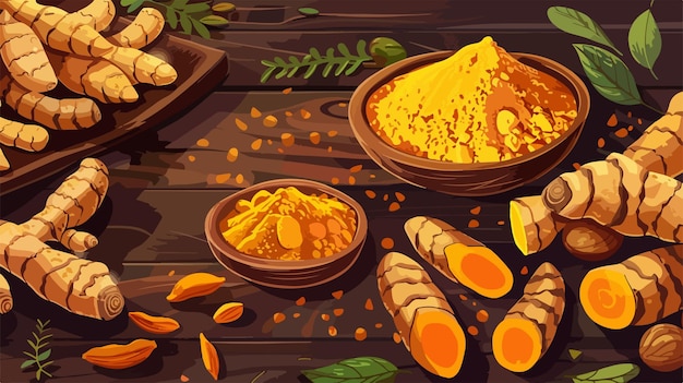 Vector aromatic turmeric flat lay vector illustration for herbal marketing