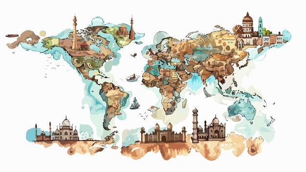 Around the World Mixed Media Handdrawn Vector Isolation