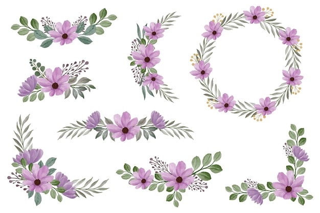 arrangement of fresh purple watercolor floral border